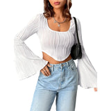 Taooba-Textured Crop Top 2000s Aesthetic Women Long Sleeve Scoop Neck Hanky Hem Solid Color Slim Fit T-Shirt y2k Clothing Streetwear