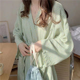 Taooba Women Robe V-Neck Sleepwear Plaid Bathrobe Kimono Robes with Belt Korean Night Dress Bridesmaid Dressing One Piece Pajamas