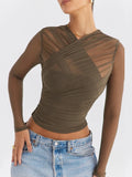 Taooba   Sheer Mesh Long Sleeve Sexy T-shirt Women 2023 Autumn New V Neck Zipper Layered Skinny Club Party Sexy Tops