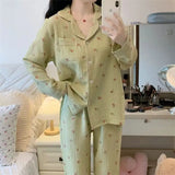 Taooba Christmas Outfit Korean Version Plaid Pajama Women Long Sleeve Sleepwear Spring Thin Loungewear Plus Size Red Nightwear Lapel Casual Homewear Set