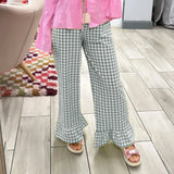 Womens Y2k Plaid Print Pants Gingham Ruffled Hem Elastic Waistband Wide Leg Loose Casual Pajama Trousers Streetweart