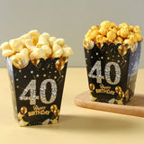 6pcs Birthday Paper Popcorn Box Black Gold Party Favor Treat Box for 18 21 30 40 50 60 Years Old Aldult Birthday Party Suplies