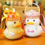 1pc 1000ml Cute Duck Water Bottle with Strap Straw for Girls Plastic Cup Portable Drinking Bottle Kids Water Bottle BPA Free