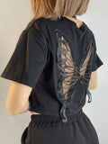 Taooba- Harajuku Lace Butterfly Crop Tshirts Women Vintage Streetwear Sexy Black Mesh Tops Aesthetic Hollow Grunge Tees Summer