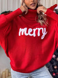 Taooba-Women Merry Sweaters Turtleneck Long Sleeve Letter Print Loose Knitted Pullover Merry Christmas Sweater