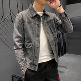 Taooba Male Jean Coats Gray Button Men's Denim Jacket Slim Fit Clothing Original Size L Korean Popular Clothes Winter Outerwear Trendy