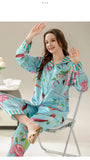 Taooba Women's Pajamas Sets Spring Autumn 2 Piece Flamingo Print Pyjama Faux Silk Satin Sleepwear Long Sleeve Pijama Mujer Pjs Homewear