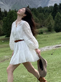 Taooba-Elegant Hollow-out White Dresses For Women Simmer New Lantern Sleeve With Belt Mini Dress French Style Shirt Vestidos 2024