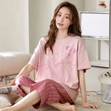 Taooba-Women's Spring/Summer Pajamas Short Sleeve Capris Cute Cartoon Large Size 3XL Student Set Cotton Summer Homewear