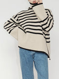 Taooba-Women's Striped Print Sweaters Long Sleeve Turtleneck Side Split Pullovers Casual Knit Tops