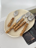 Taooba-Natural Bamboo Handle Handmade Western Food Dessert Fork Smoothie Spoon Stainless Steel Tableware Knife Spoons and Forks Sets