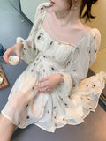 Taooba-Summer Bubble Sleeve Fragmentary White French Fairy Dress Design Sense Waist Closing Medium Length Dress For Wome