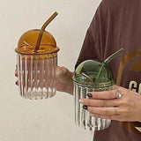 Taooba-Simple Striped Glass Straw Cup with Cute Lid,Juice Bubble Water Cup,Heat-resistant Coffee Cup,Colorful Drinking Cup Water Bottle