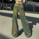 Taooba-Grunge Fairycore Cargo Pants Denim Y2K Aesthetic Chic Dragon Embroidery Women Jeans Baggy Distressed Chic Trousers