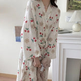 Taooba Christmas Gift Robe Women Cotton Floral Long Sleeve Nightwear Shower Bathrobe Kimono Cute Sweet Women's Sleepwear Pajamas Dressing Gowns Robes