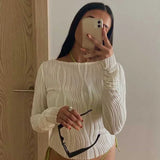 Taooba-White Crop Top 2000s Aesthetic Women Ruched Round Neck Long Sleeve T Shirt Solid Color Clothes Elegant Ladies Tee y2k Streetwear