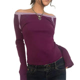 Taooba - Contrast Color Off Shoulder Long Sleeve Tee