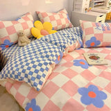 Taooba Nordic Pink Checkerboard Duvet Cover Sets With Pillowcases Flat Sheet Kids Girls Boys Full Queen Twin Size Kawaii Bedding Kit