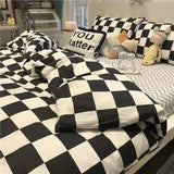 Nordic Pink Black Checkerboard Duvet Cover Sets With Pillowcase Flat Sheet Kids Girls Double Queen Twin Kawaii Bedding Kit