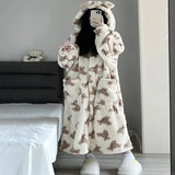 Taooba Christmas Gift Autumn and Winter Thickened Models Coral Velvet Cardigan Pajamas Women Home Wear Girls Cute Bear Robe Long Section Hooded