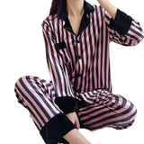 Taooba Women's Pajamas Sets Spring Autumn 2 Piece Striped Pyjama Faux Silk Satin Sleepwear Long Sleeve Button Pijama Mujer Pjs Homewear