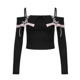 Taooba-South Korea Sexy Slash Neck suspender long sleeved T-shirt for Spring/Summer Women's Shirts 2024 New Lace Lace slimming Tops