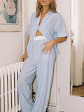 Taooba-Women Y2k Striped 2 Piece Pajama Set Short Sleeve Button Down Blouse Gingham Wide Leg Lounge Pants Sets Sleepwear