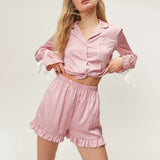 Taooba Dourbesty Women Autumn Y2K Satin Silk 2 Piece Pajamas Set Bow Tie Long Sleeve Button Shirts Ruffles Shorts Sleepwear Loungewear