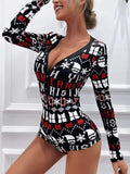 Taooba-New Fashion Womens Christmas Short Pajama One sies Romper Long Sleeve Button Down Letter Print Jumpsuit Pajama Homesuit