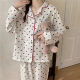 Taooba Large Size Sexy Nightwear Women Sleepwear Autumn and Winter Cardigan Home Wear Peach Heart Long Sleeves School Silk Pajamas