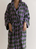 Taooba-Retro Plaid Cotton Bathrobe Super Soft Absortion Hooded Loose bath Robe Coat Towel V Neck warm Sleepwear Robes Women Homewear