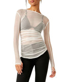 Taooba-Sexy Women Long Sleeve T Shirt See Through Transparent Mesh Tops Sheer Slim Ladies Turtleneck T-Shirt Summer Cover ups