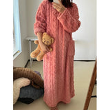 Taooba Christmas Gift Winter Long Sleeve Double Pocket Flannel Nightgowns Women Loose Solid Sleepwear Jacquard Night Dress Thickened Warm Nightdress