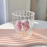 Taooba-Cute Round Bow Tie Glass Tea Cup Home Creative High Value Girls Fruit Tea Lemon Water Cup Vertical Pattern Mark Cups