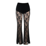 Taooba-Sexy See Through Floral Lace Pants for Women Clothes Elegant Fashion High Waist Wide Leg Pants Black Mesh Pants