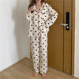 Taooba Christmas gift 2 Pieces Womens Pajamas Long Sleeve Sleepwear Korean Heart Print Pijama Set Casual Nightwear Lady Home Suit Spring Pyjama Nighty