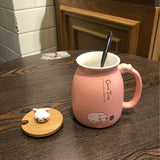 1pc 420ml Cartoon Cat Ceramic Mug Portable Coffee Cup With Wooden Lid And Stainless Steel Spoon Handle Drinking Cup For Home