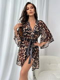 Taooba Leopard Kimono Belt Bath Robe Bridesmaid Wedding Party Long Sleeve Lingerie Sexy Nightwear Nesh Women's Sleepwear