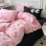 Pink Rose Bedding Set INS Korean Style Twin Full Queen Size Bed Linen Girls Floral Duvet Cover Flat Sheet Pillowcase Kit Kawaii