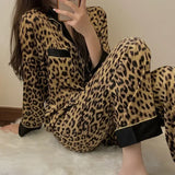 Taooba Christmas Outfit Pajamas for Women Spring Autumn Korean Cardigan Long Sleeved Sexy Leopard Print Home Clothing Set Milk Silk Pajamas for Women