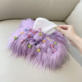 Taooba-Cute Long-haired Dog Fluffy Tissue Box Heart Knitting Thread Napkin Holder Tissue Bag Bedroom Kitchen Desktop Storage Napkins