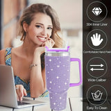 1pc Sparkling Studded Tumbler With Lid 40oz Stainless Steel Insulated Water Bottle With Handle Portable Drinking Cup For Car