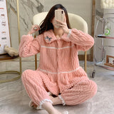 Taooba-Thick Coral Fleece Pajamas Sets Lapel Women Long Sleeves Cute Bunny Shirt Pant Sleep Suit Homewear 2Pcs Casual Loungewear