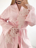 Taooba Linad Feathers Robes For Women Loose Long Sleeve Sleepwear Cotton Sashes Pink Bathrobe Female Casual 2024 Autumn Woman Clothes