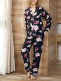 Taooba-Women Satin Pajama Set Casual 2 Piece Flower Print Long Sleeve Shirt and Loose Fit Pants Sleepwear Loungewear