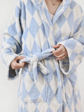 Taooba Christmas gift Cotton Absorbent Hooded Bathrobe, Striped Diamond Check, Simple Fashion Family Style, Four Seasons, Universal, Retro, Loose Robe