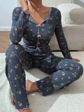 Autumn Winter Floral Print Pajamas Set for Women Sleepwear Long Sleeve Top and Long Pants 2 Piece Casual Homewear Loungewear