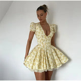 Taooba Lemon Bloom V-Neck Mini Dress