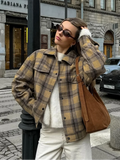 Taooba 2024 New Fashion Single Breasted Plaid Wool Pilot Jacket Chic Lapel Flip Pockets Oversized Coats Autumn Lady Street Outerwears