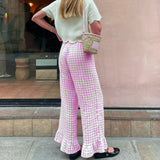 Womens Y2k Plaid Print Pants Gingham Ruffled Hem Elastic Waistband Wide Leg Loose Casual Pajama Trousers Streetweart